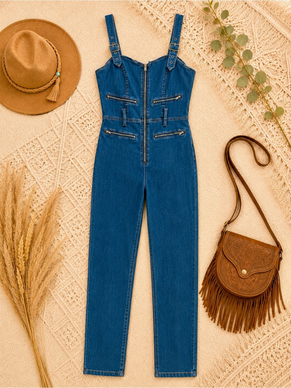 SHEIN Blue Denim Zip-Front Women's Jumpsuit